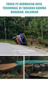 Diduga Kelebihan Beban, Sebuah Truck Ps Bermuatan Kayu Terjungkal